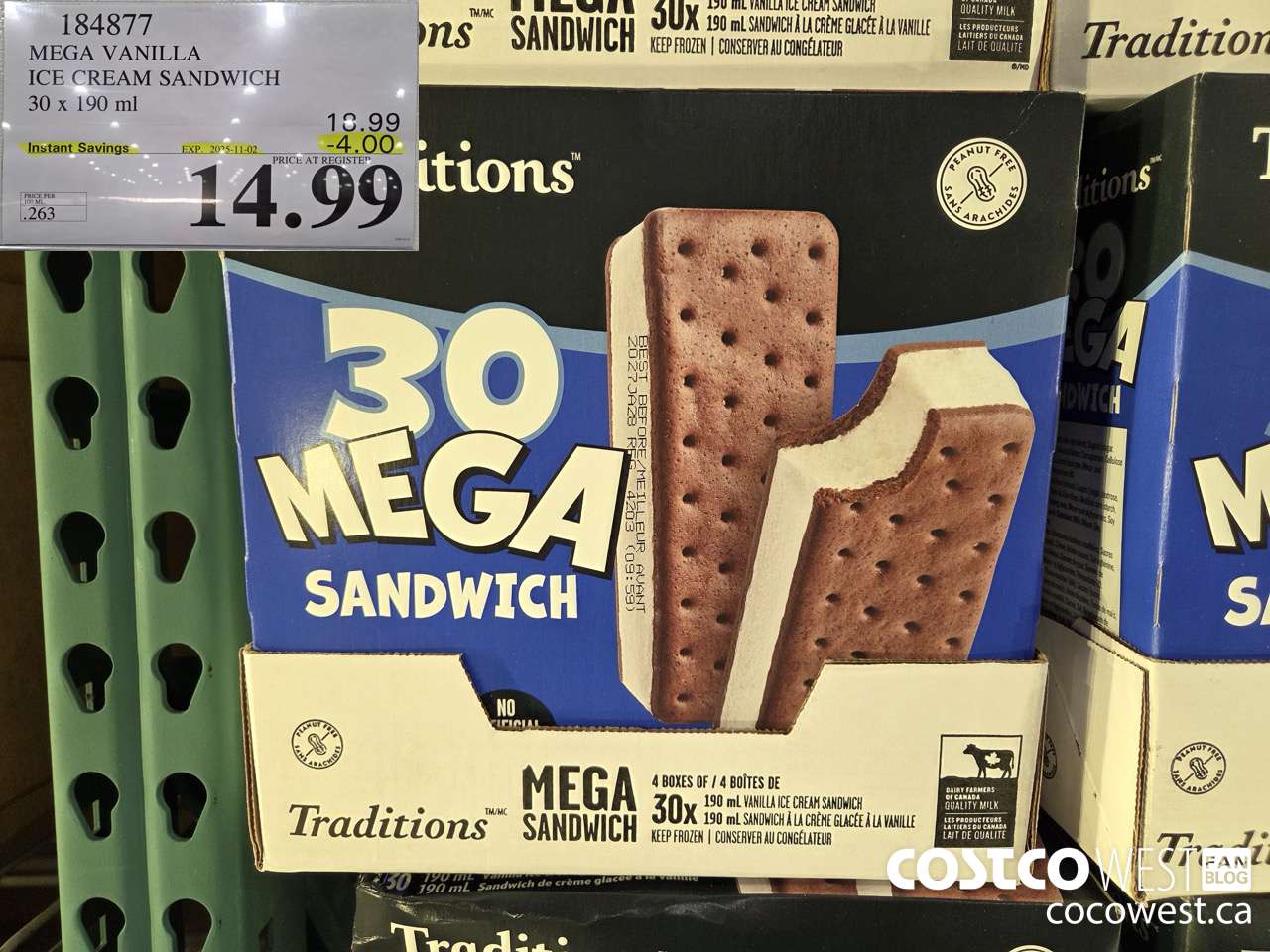 184877 VANILLA MEGA ICE CREAM SANDWICH 30 X 190 ML ($4.00 INSTANT SAVINGS EXPIRES ON 2025-11-02) $14.99