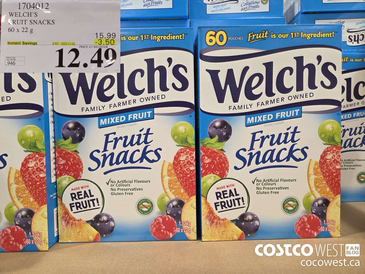 1704012 WELCH'S FRUIT SNACKS 60 X 22 G $3.50. ($3.50 INSTANT SAVINGS EXPIRES ON 2025-11-02) $12.49