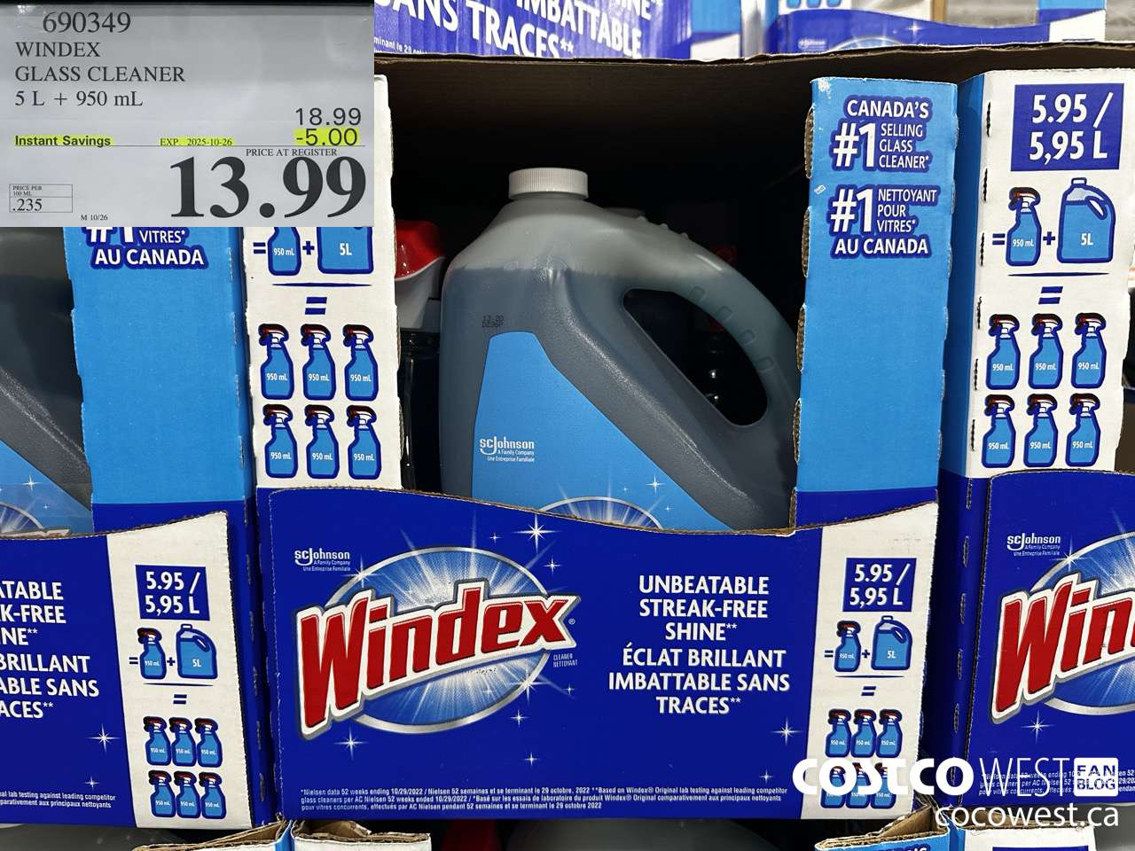 690349 WINDEX GLASS CLEANER 5L + 950ML ($5.00 INSTANT SAVINGS EXPIRES ON 2025-10-26) $13.99