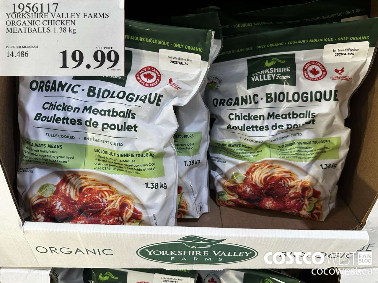 1956117 YORKSHIRE VALLEY FARMS ORGANIC CHICKEN MEATBALLS 1.38KG $19.99