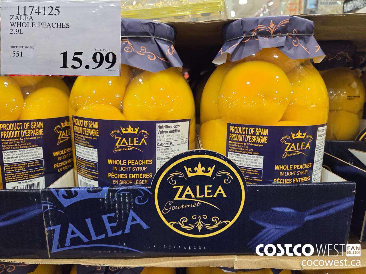 1174125 ZALEA WHOLE PEACHES 2.9L $15.99