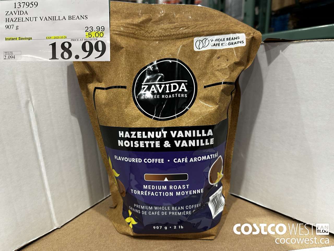 137959 ZAVIDA HAZELNUT VANILLA BEANS 907 g ($5.00 INSTANT SAVINGS EXPIRES ON 2025-10-26) $18.99