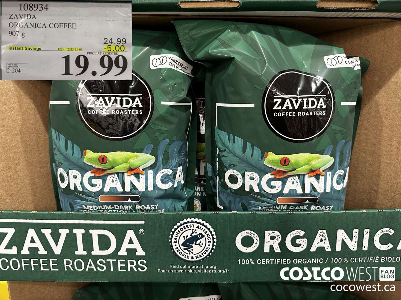 108934 ZAVIDA ORGANIC COFFEE 907G ($5.00 INSTANT SAVINGS EXPIRES ON 2025-11-06) $19.99
