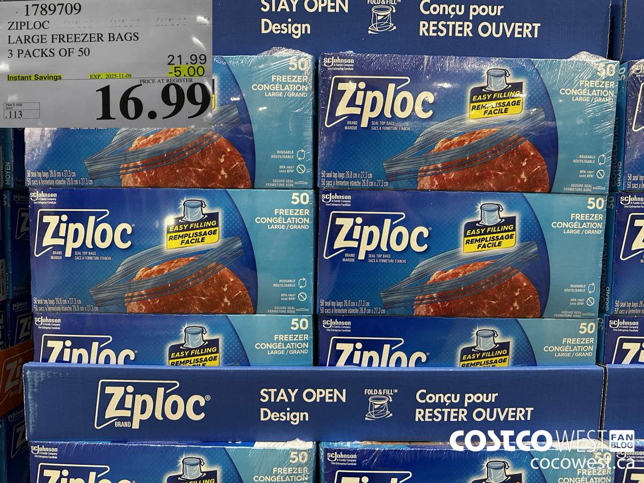 1789709 ZIPLOC LARGE FREEZER BAG 3 X 50 2025-01-9 ($5.00 INSTANT SAVINGS EXPIRES ON 2025-11-09) $16.99