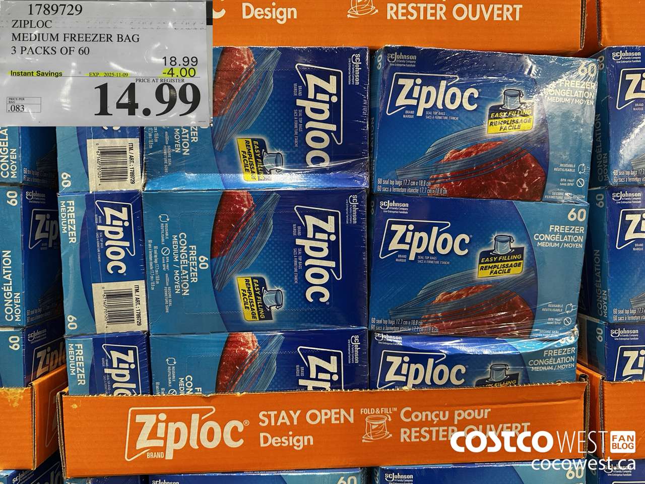 1789729 ZIPLOC MEDIUM FREEZER BAG 3 x 60 ($4.00 INSTANT SAVINGS EXPIRES ON 2025-11-09) $14.99