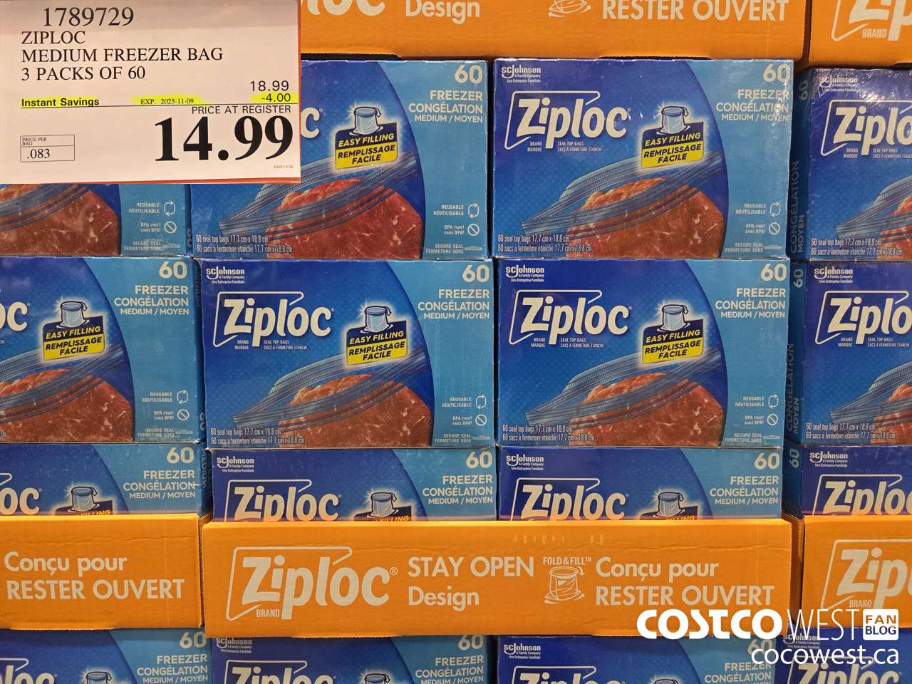 1789729 ZIPLOC MEDIUM FREEZER BAG 3 x 60 ($4.00 INSTANT SAVINGS EXPIRES ON 2025-11-09) $14.99