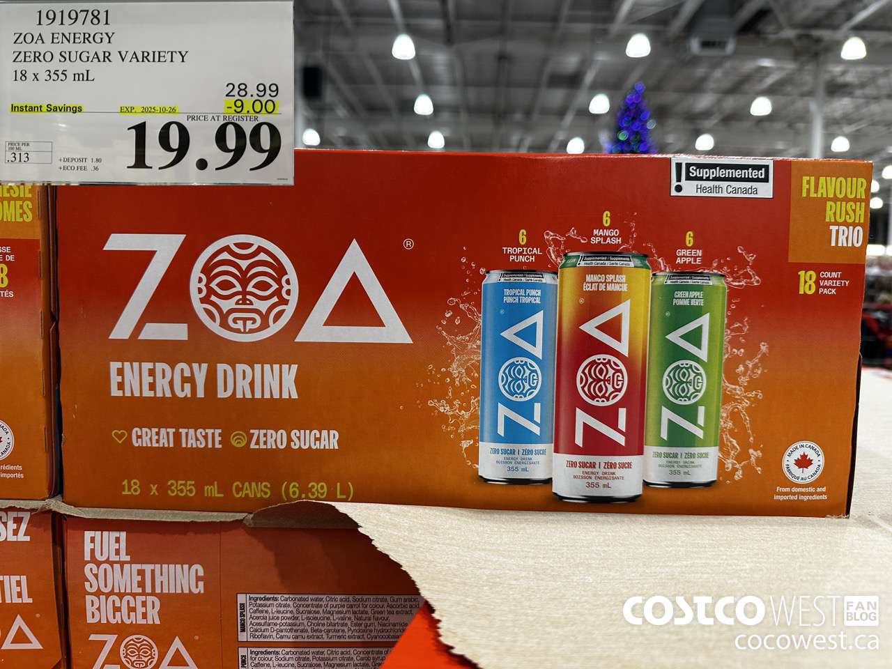 1919781 ZOA ENERGY ZERO SUGAR VARIETY 18 X 355ML ($9.00 INSTANT SAVINGS EXPIRES ON 2025-10-26) $19.99