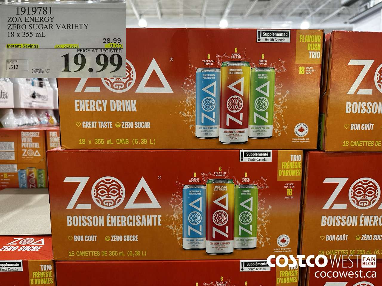 1919781 ZOA ENERGY ZERO SUGAR VARIETY 18 X 355ML ($9.00 INSTANT SAVINGS EXPIRES ON 2025-10-26) $19.99