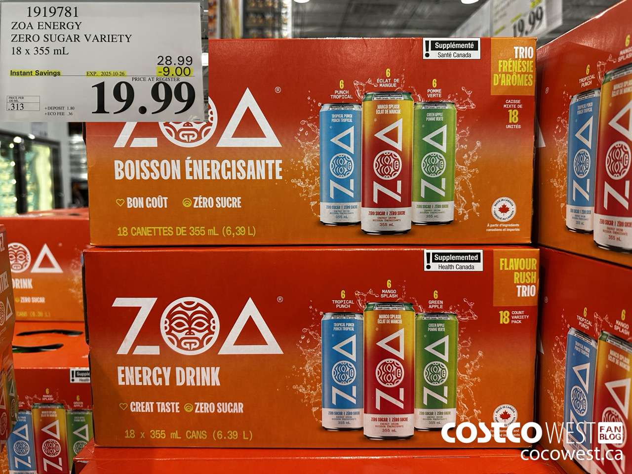 1919781 ZOA ENERGY ZERO SUGAR VARIETY 18 X 355ML ($9.00 INSTANT SAVINGS EXPIRES ON 2025-10-26) $19.99