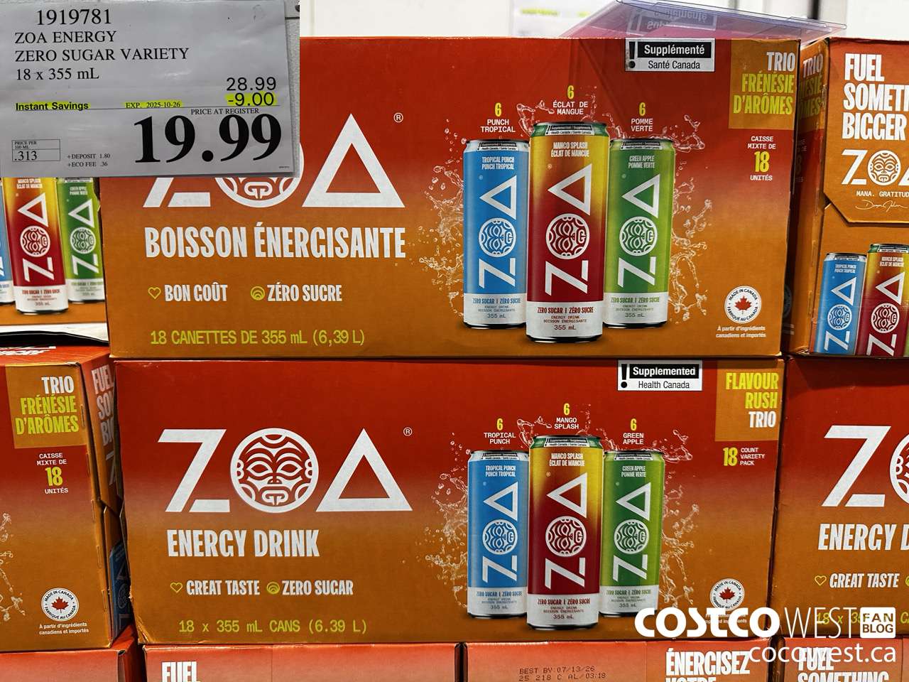 1919781 ZOA ENERGY ZERO SUGAR VARIETY 18 X 355ML ($9.00 INSTANT SAVINGS EXPIRES ON 2025-10-26) $19.99
