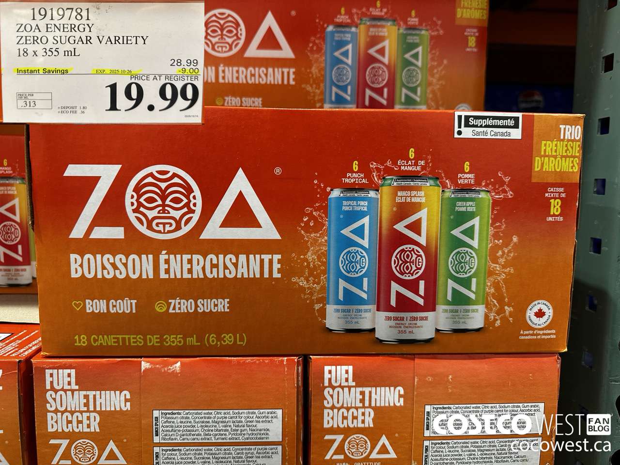 1919781 ZOA ENERGY ZERO SUGAR VARIETY 18 X 355ML ($9.00 INSTANT SAVINGS EXPIRES ON 2025-10-26) $19.99