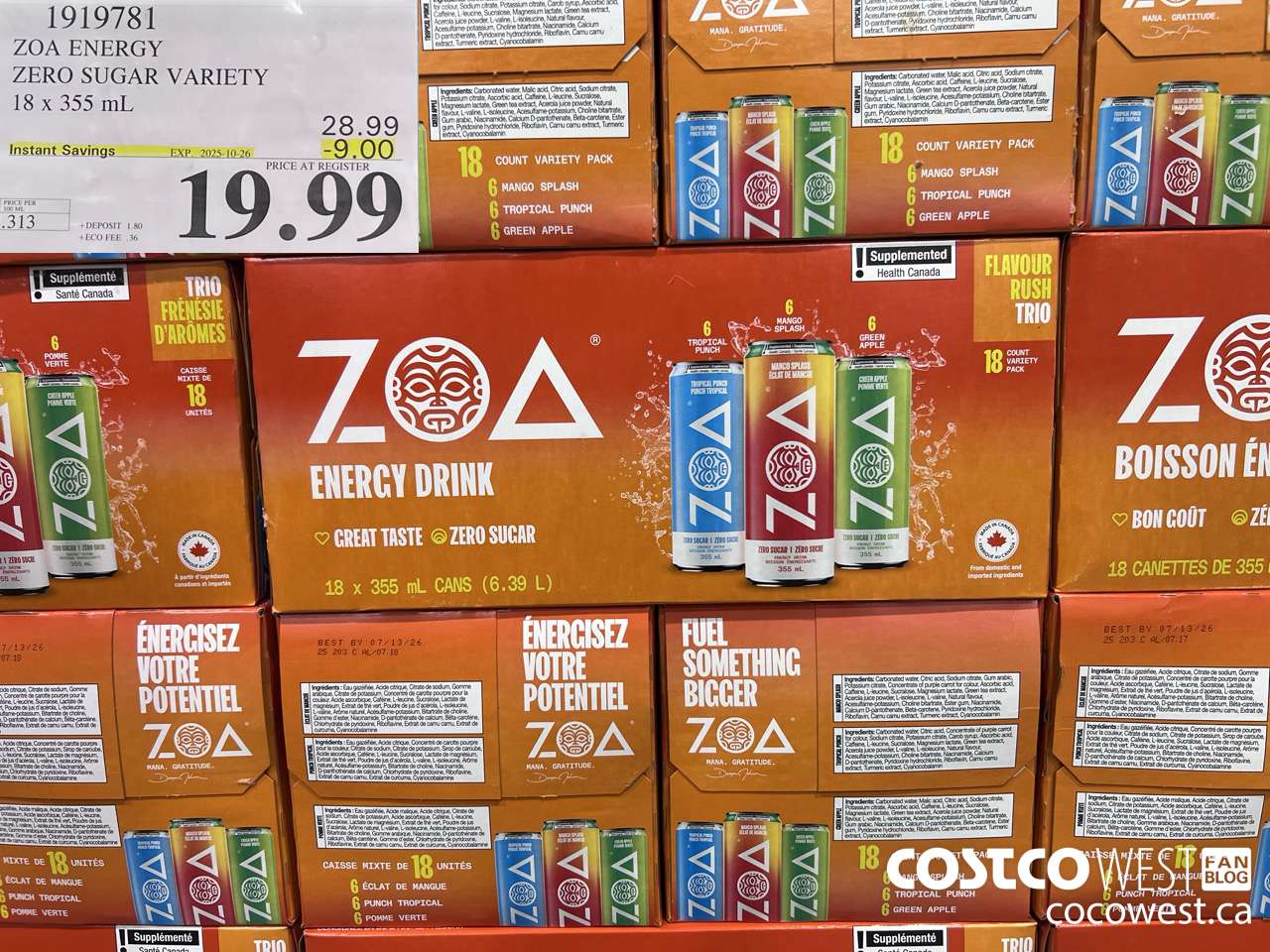 1919781 ZOA ENERGY ZERO SUGAR VARIETY 18 X 355ML ($9.00 INSTANT SAVINGS EXPIRES ON 2025-10-26) $19.99