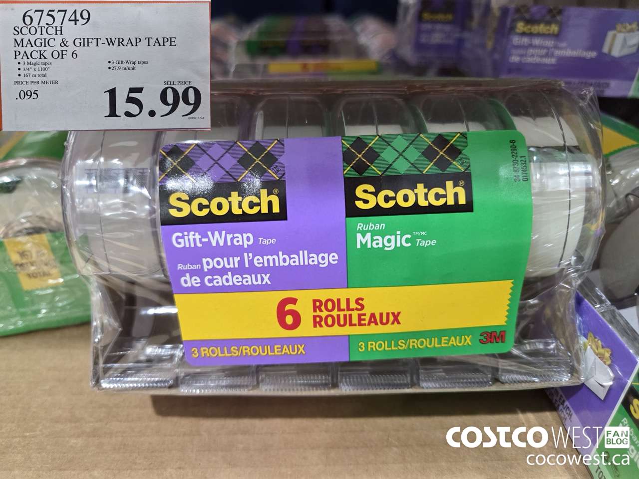 675749 3M SCOTCH MAGIC TAPE/GIFT WRAP TAPE 6PK $15.99