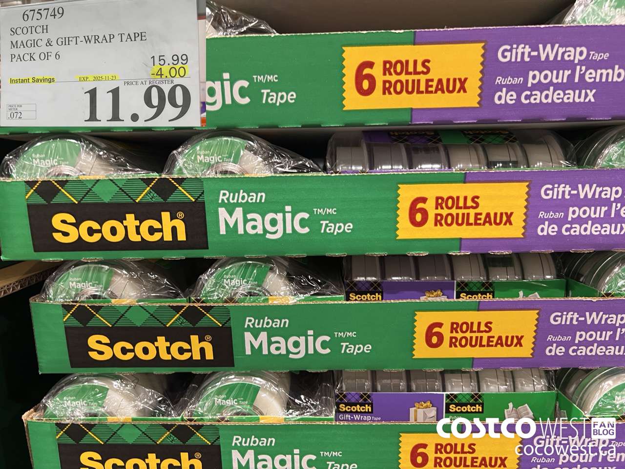 675749 3M SCOTCH MAGIC TAPE/GIFT WRAP TAPE 6PK ($4.00 INSTANT SAVINGS EXPIRES ON 2025-11-23) $11.99