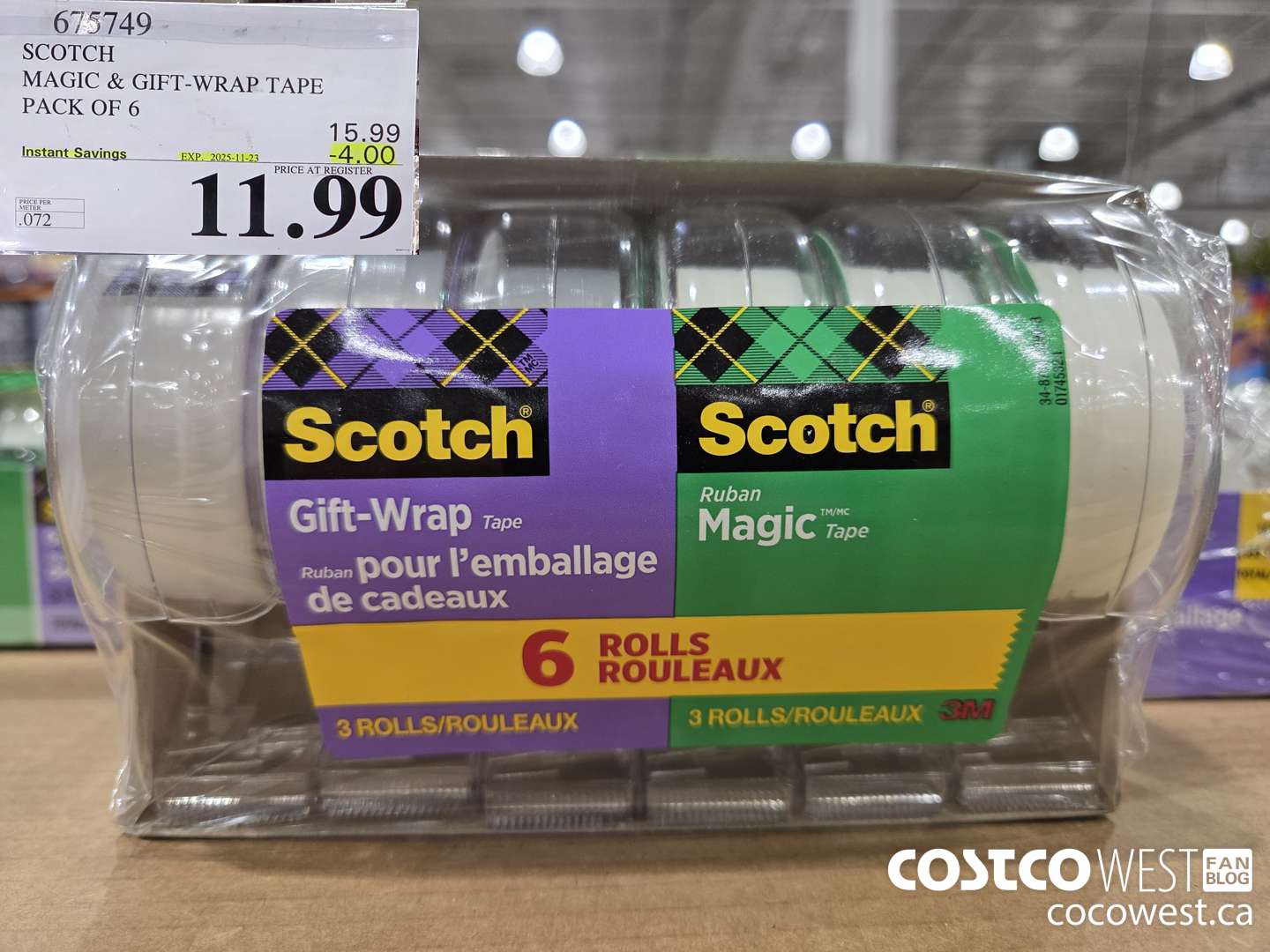 675749 3M SCOTCH MAGIC TAPE/GIFT WRAP TAPE 6PK ($4.00 INSTANT SAVINGS EXPIRES ON 2025-11-23) $11.99
