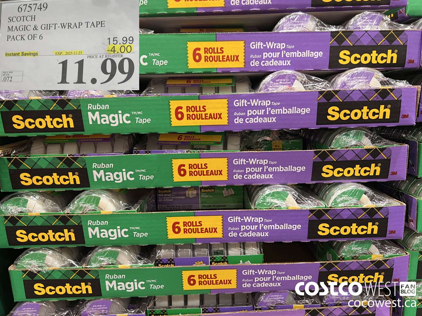 675749 3M SCOTCH MAGIC TAPE/GIFT WRAP TAPE 6PK ($4.00 INSTANT SAVINGS EXPIRES ON 2025-11-23) $11.99