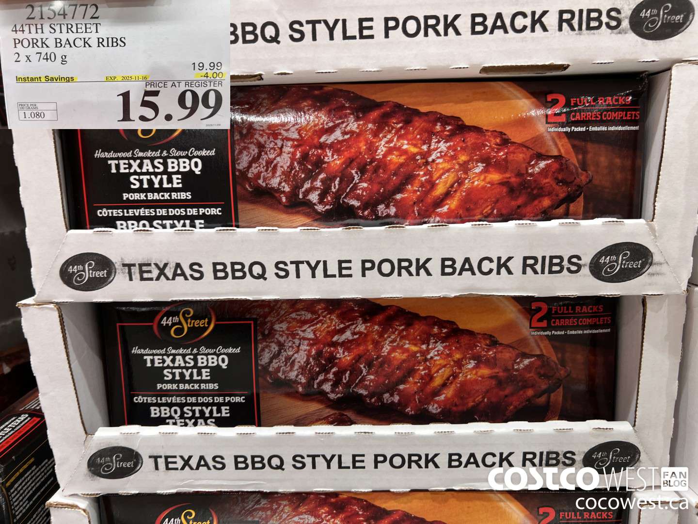 2154772 44TH STREET PORK BACK RIBS 2 X 740 G ($4.00 INSTANT SAVINGS EXPIRES ON 2025-11-16) $15.99