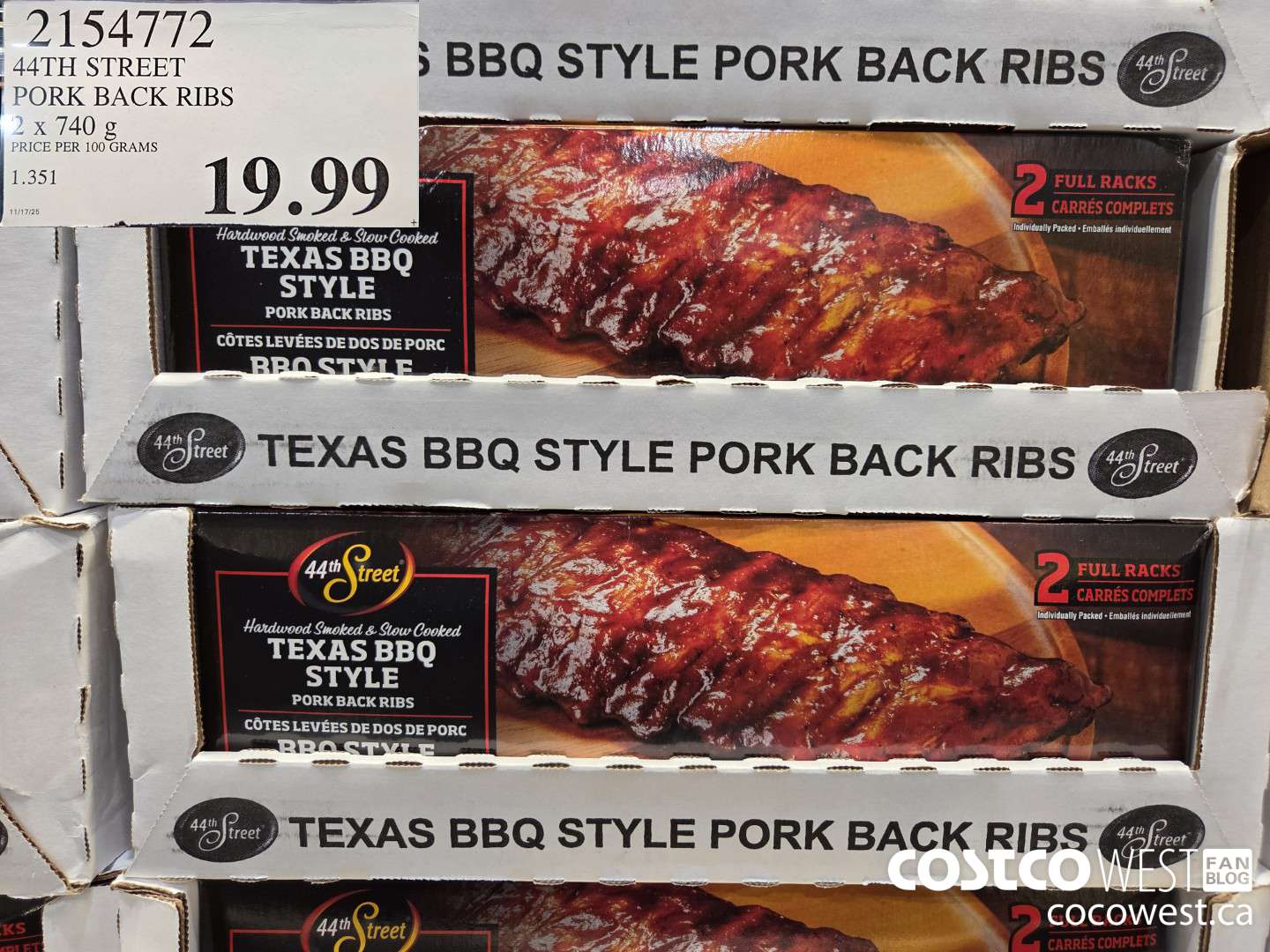 2154772 44TH STREET PORK BACK RIBS 2 X 740 G $19.99