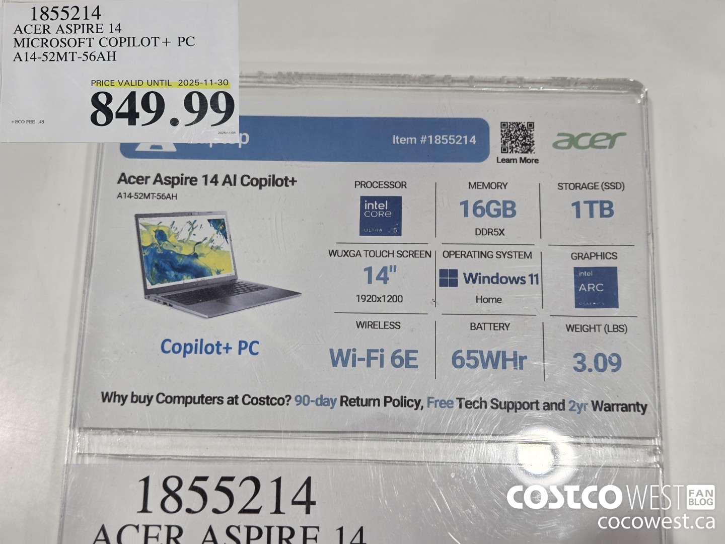 1855214 ACER ASPIRE 14 MICROSOFT COPILOT+ PC A14-52MT-56AH (EXPIRES ON 2025-11-30) $849.99