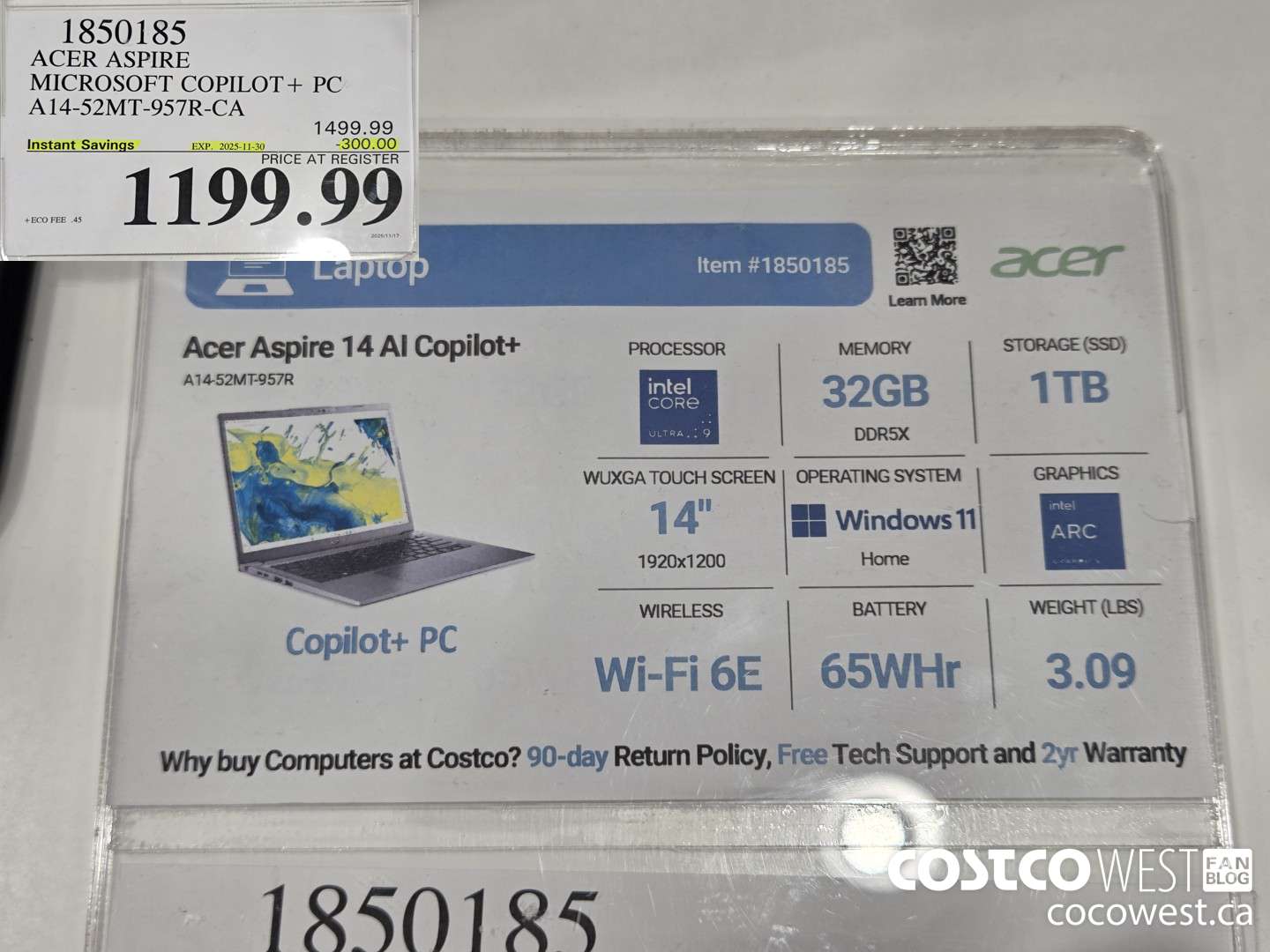 1850185 ACER ASPIRE MICROSOFT COPILOT+ PC A14-52MT-957R-CA ($300.00 INSTANT SAVINGS EXPIRES ON 2025-11-30) $1199.99