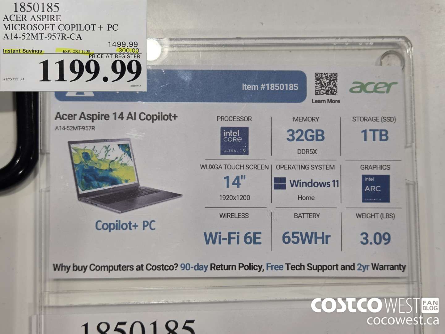 1850185 ACER ASPIRE MICROSOFT COPILOT+ PC A14-52MT-957R-CA ($300.00 INSTANT SAVINGS EXPIRES ON 2025-11-30) $1199.99