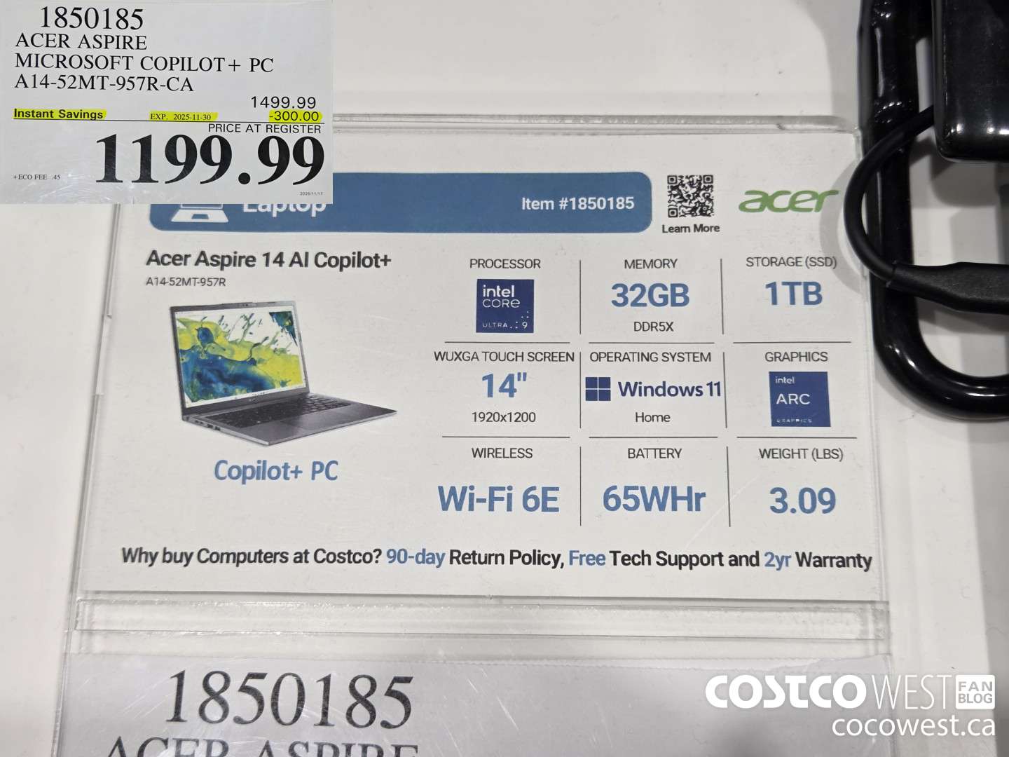 1850185 ACER ASPIRE MICROSOFT COPILOT+ PC A14-52MT-957R-CA ($300.00 INSTANT SAVINGS EXPIRES ON 2025-11-30) $1199.99