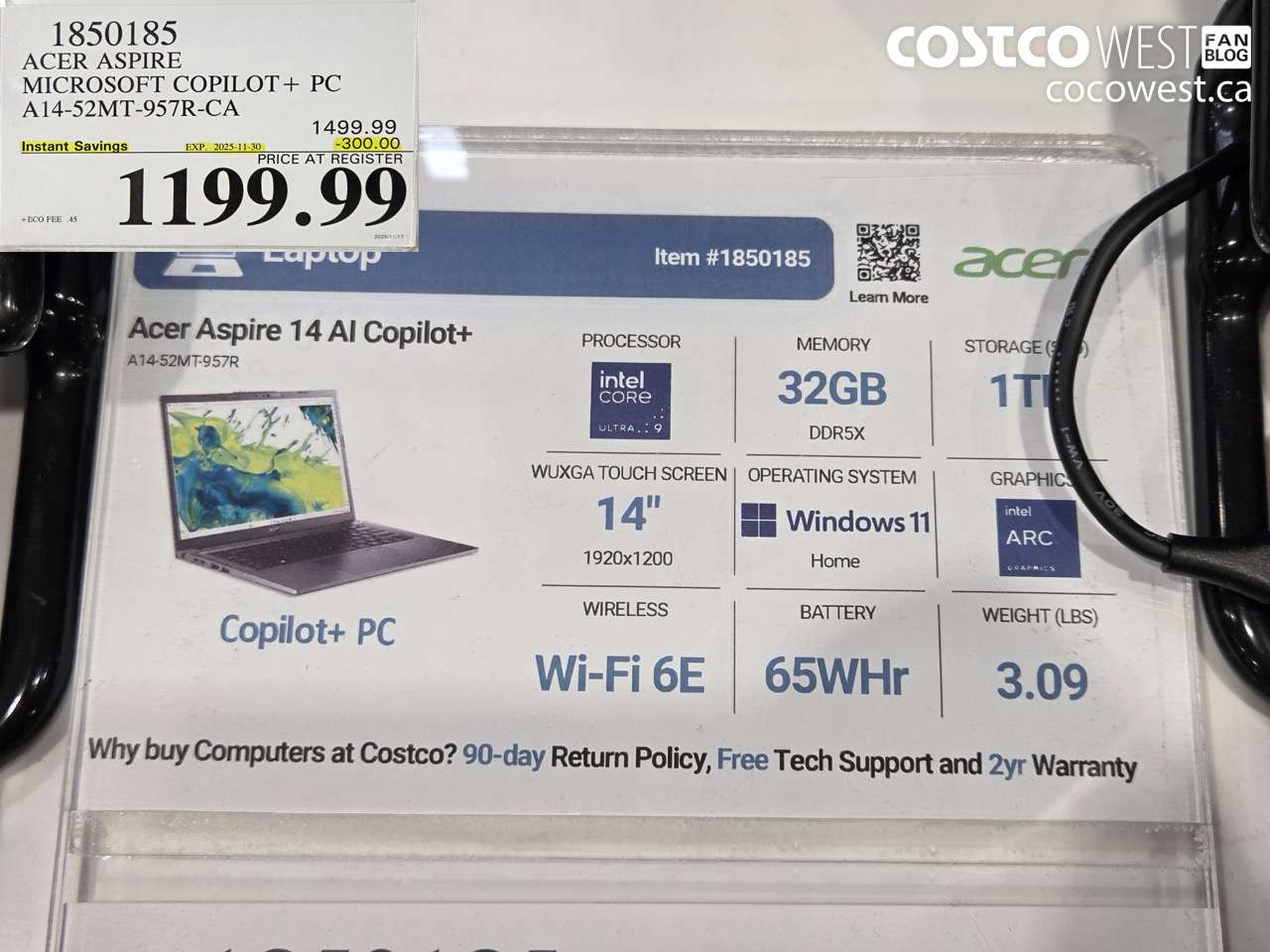 1850185 ACER ASPIRE MICROSOFT COPILOT+ PC A14-52MT-957R-CA ($300.00 INSTANT SAVINGS EXPIRES ON 2025-11-30) $1199.99