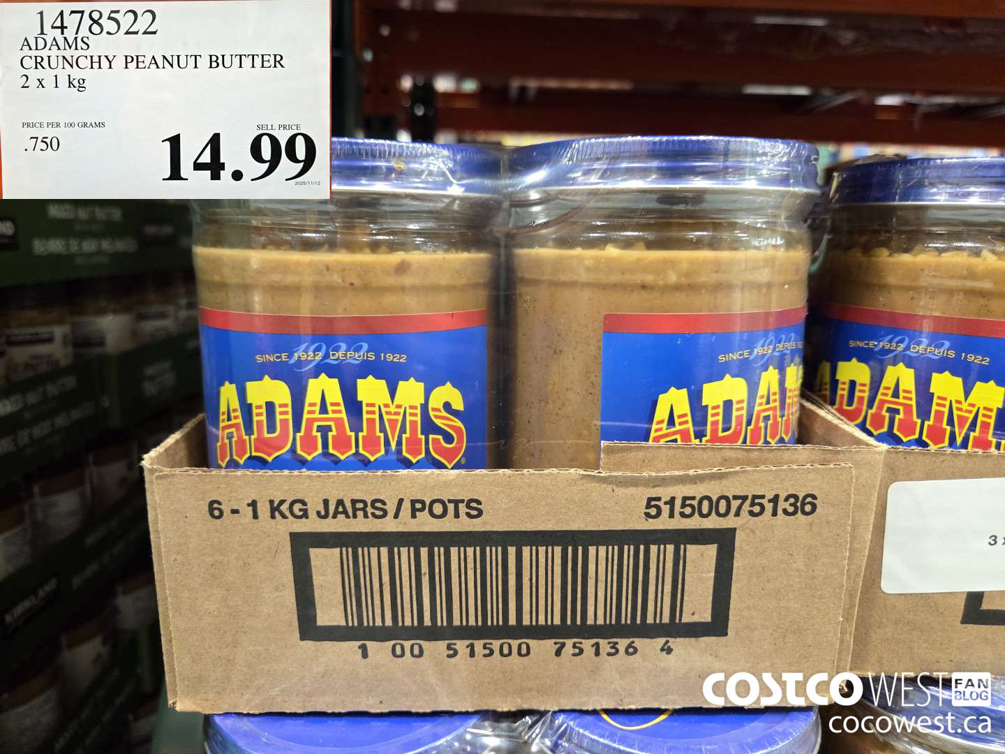 1478522 ADAMS CRUNCHY PEANUT BUTTER 2 X 1 KG $14.99