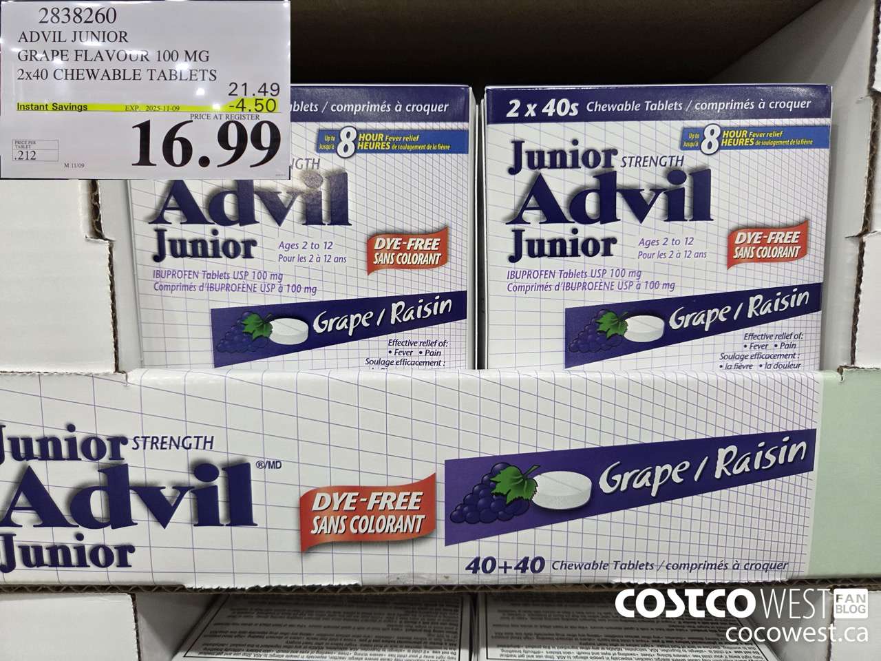 2838260 ADVIL CHEWABLE TABLET GRAPE FLAVOUR 100 MG 2 X 40'S CHEWABLE TABS ($4.50 INSTANT SAVINGS EXPIRES ON 2025-11-09) $16.99