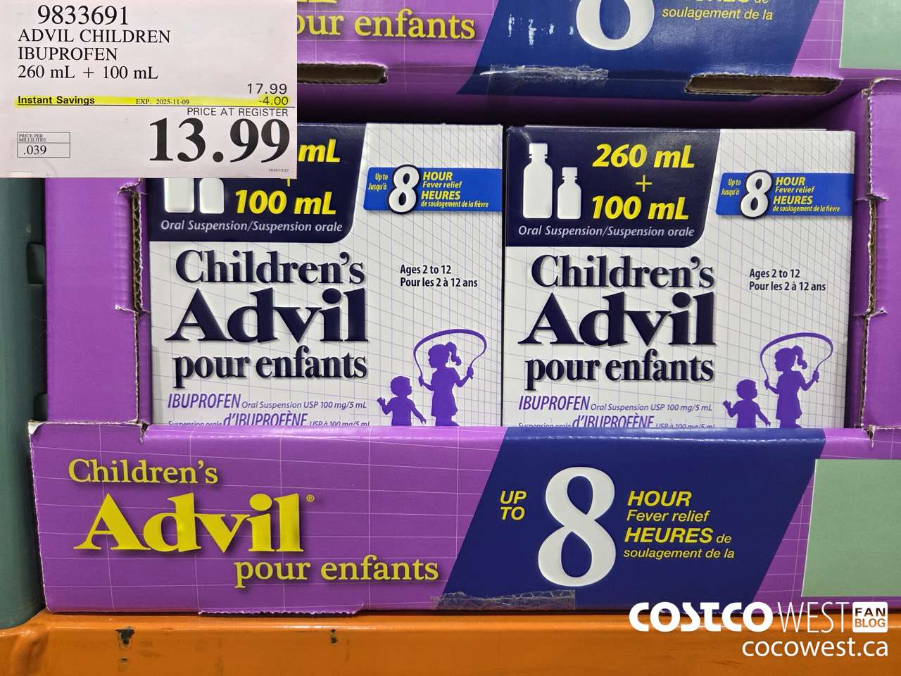 9833691 ADVIL CHILDREN IBUPROFEN 260+100ML ($4.00 INSTANT SAVINGS EXPIRES ON 2025-11-09) $13.99