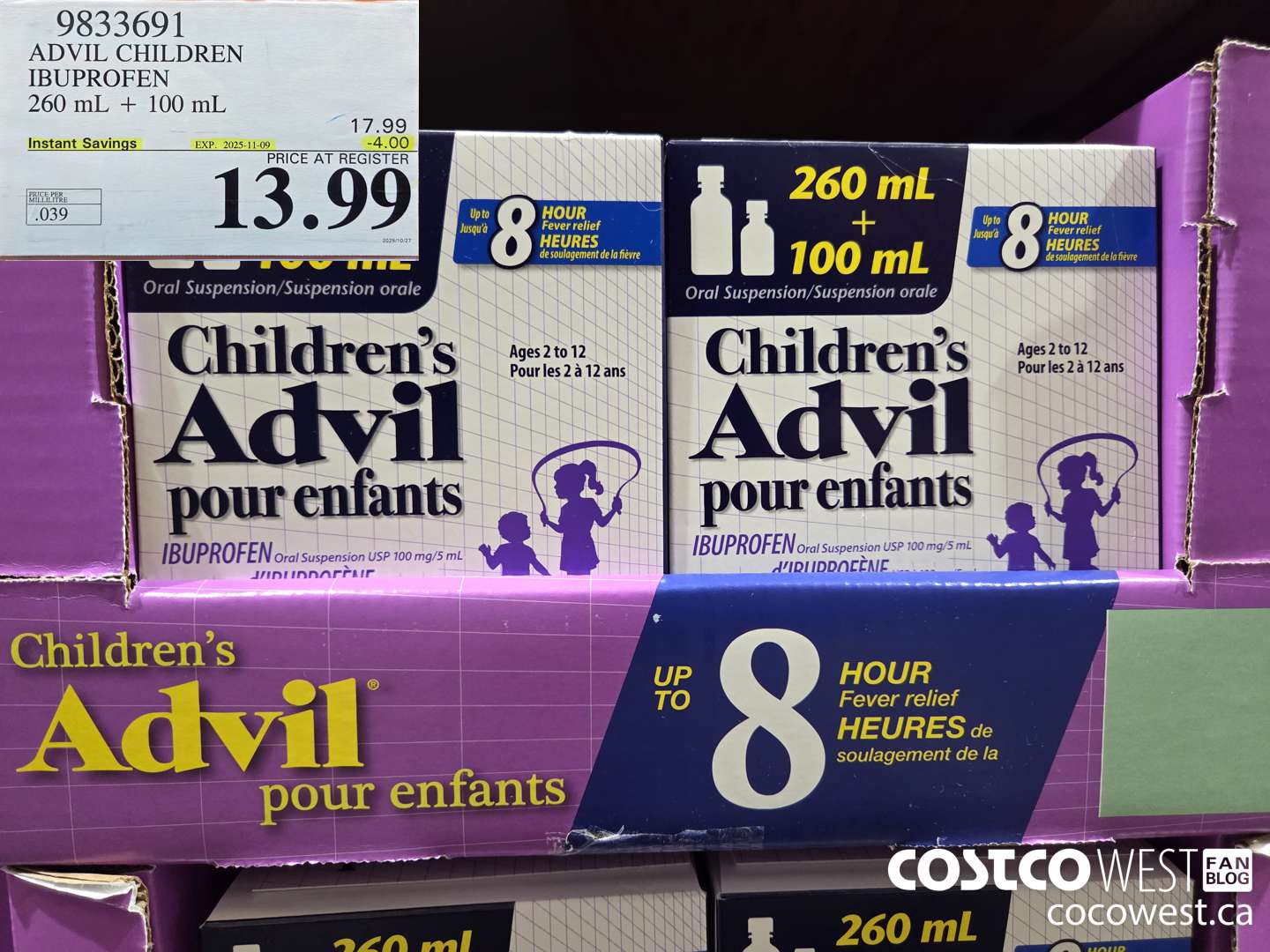 9833691 ADVIL CHILDREN IBUPROFEN 260+100ML ($4.00 INSTANT SAVINGS EXPIRES ON 2025-11-09) $13.99