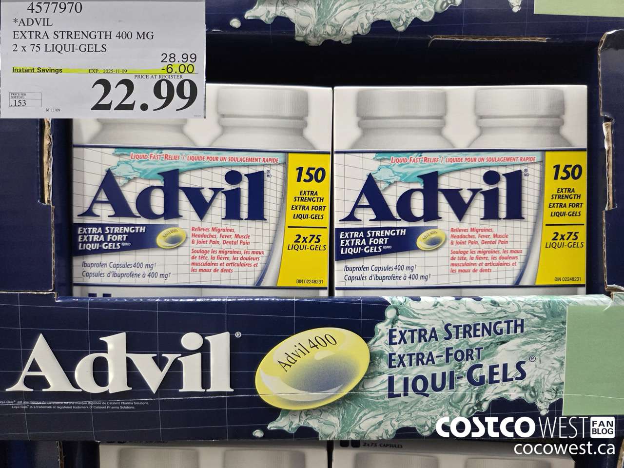 4577970 ADVIL EXTRA STRENGTH 400MG 2 X 75 LIQUI-GELS ($6.00 INSTANT SAVINGS EXPIRES ON 2025-11-09) $22.99
