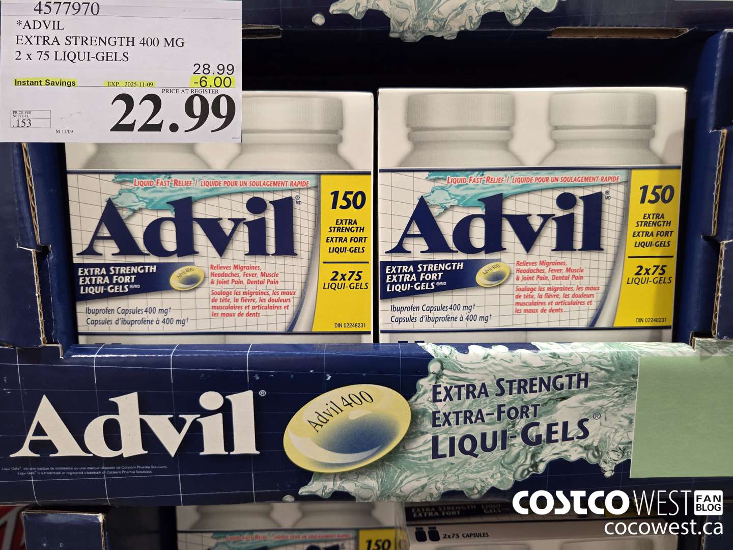 4577970 ADVIL EXTRA STRENGTH 400MG 2 X 75 LIQUI-GELS ($6.00 INSTANT SAVINGS EXPIRES ON 2025-11-09) $22.99