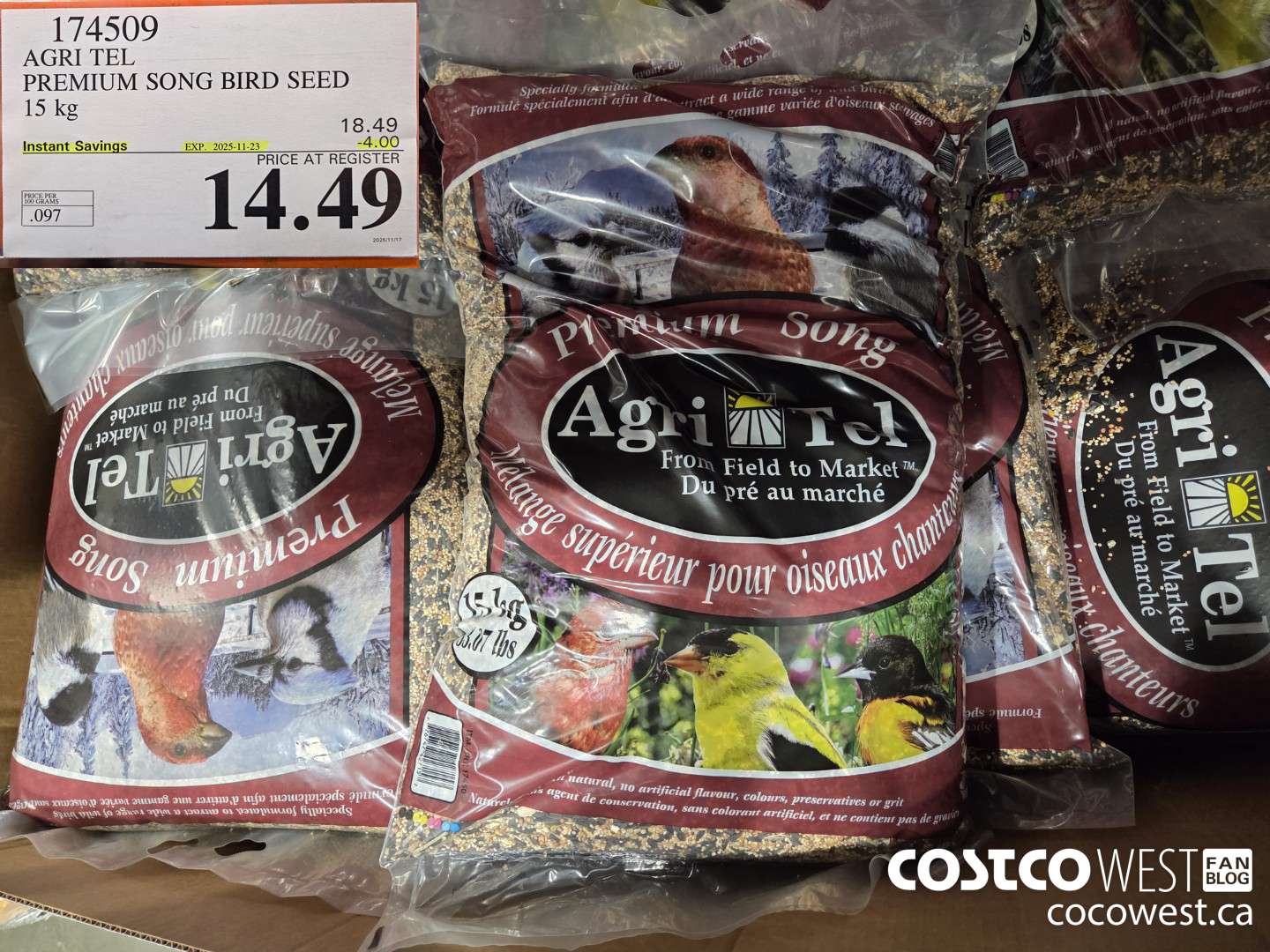 174509 AGRI TEL PREMIUM SON BIRD SEED 15 KG ($4.00 INSTANT SAVINGS EXPIRES ON 2025-11-23) $14.49