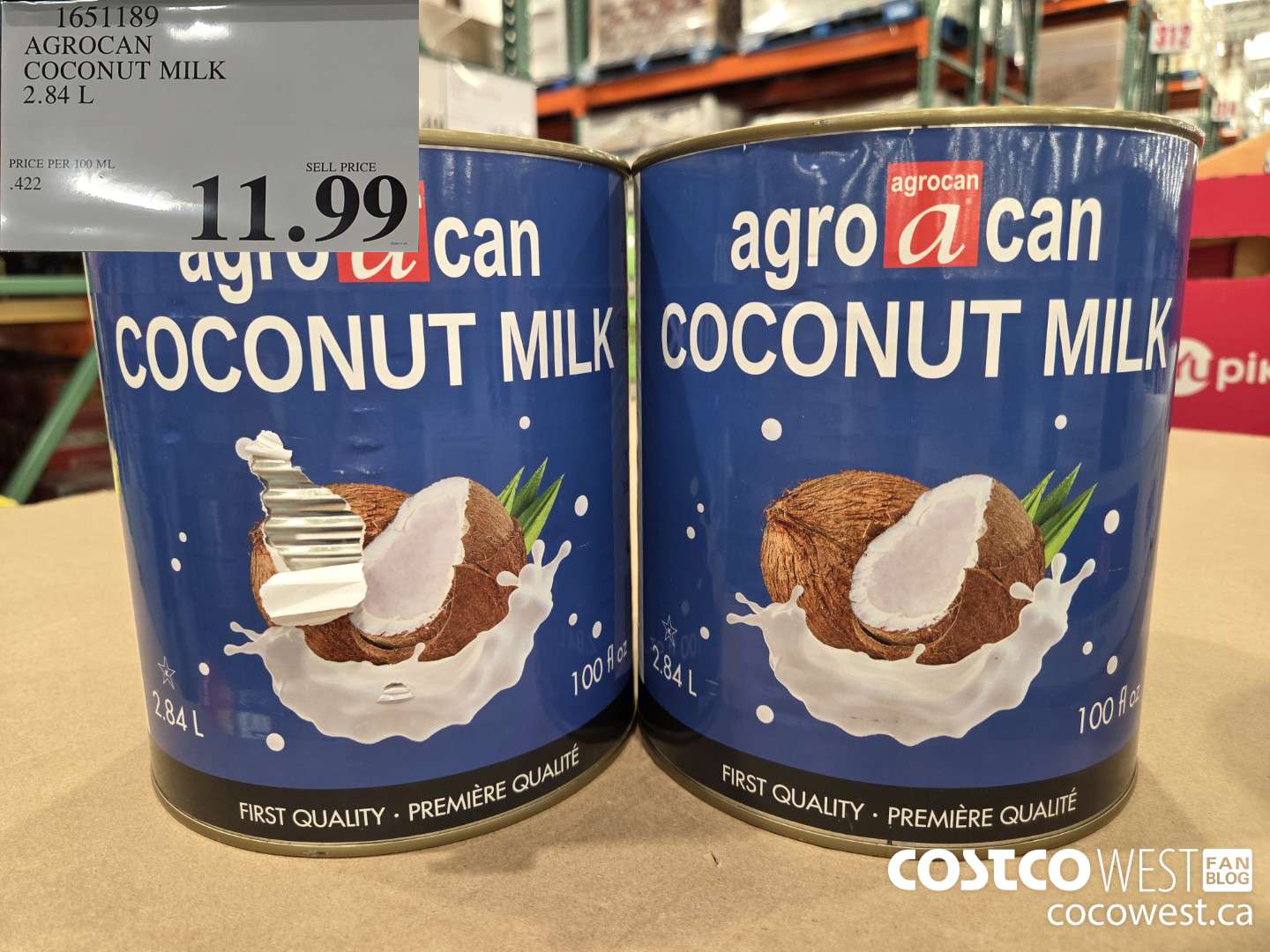 1651189 AGROCAN COCONUT MILK 2.84 L $11.99