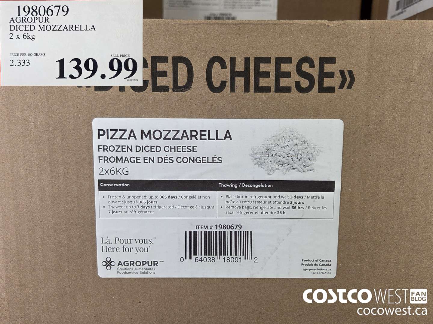 1980679 AGROPUR DICED MOZZARELLA 2 x 6 kg $139.99