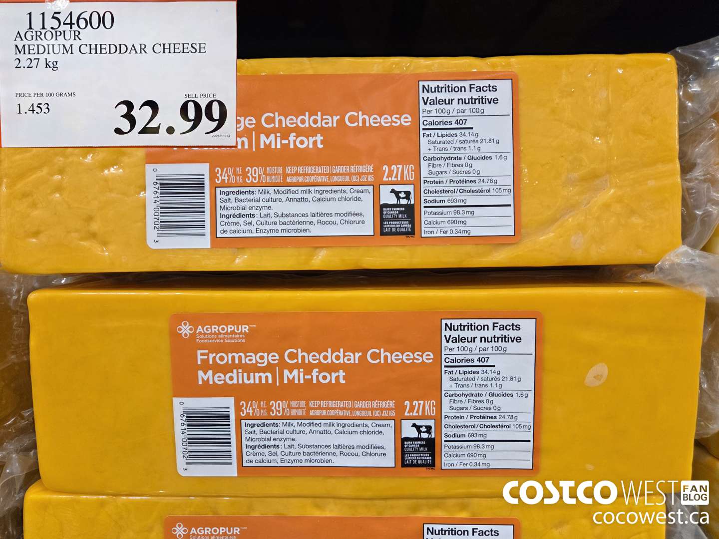 1154600 AGROPUR MEDIUM CHEDDAR CHEESE 2.27 kg $32.99