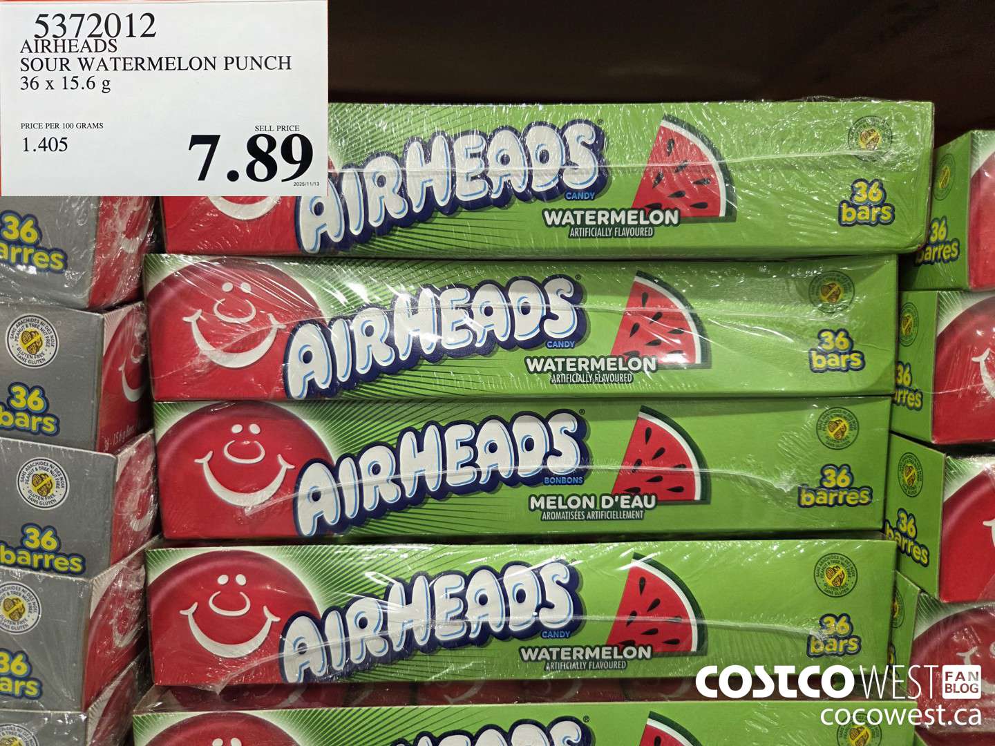 5372012 AIRHEADS SOUR WATERMELON PUNCH 36 x 15.6 g $7.89