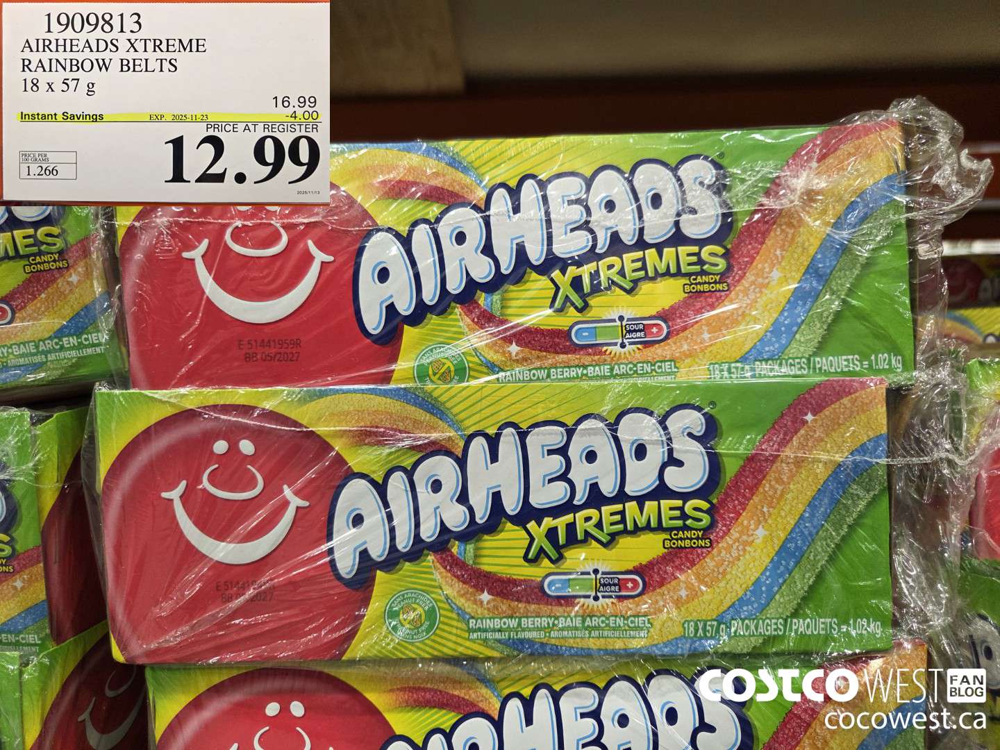 1909813 AIRHEADS XTREME RAINBOW BELTS 18 x 57 g ($4.00 INSTANT SAVINGS EXPIRES ON 2025-11-23) $12.99