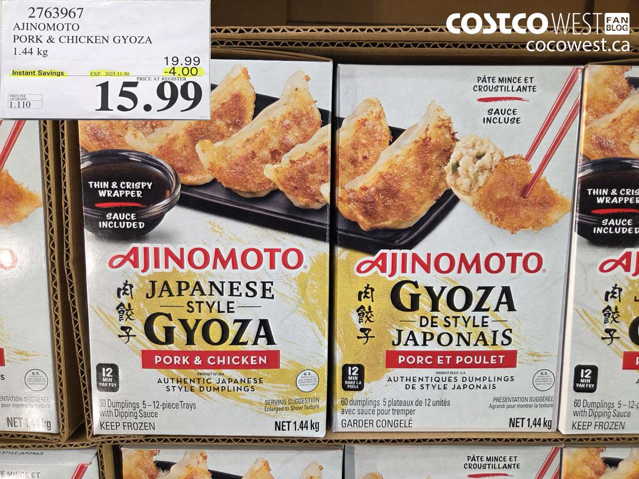 2763967 AJINOMOTO PORK & CHICKEN GYOZA 1.44 KG ($4.00 INSTANT SAVINGS EXPIRES ON 2025-11-30) $15.99