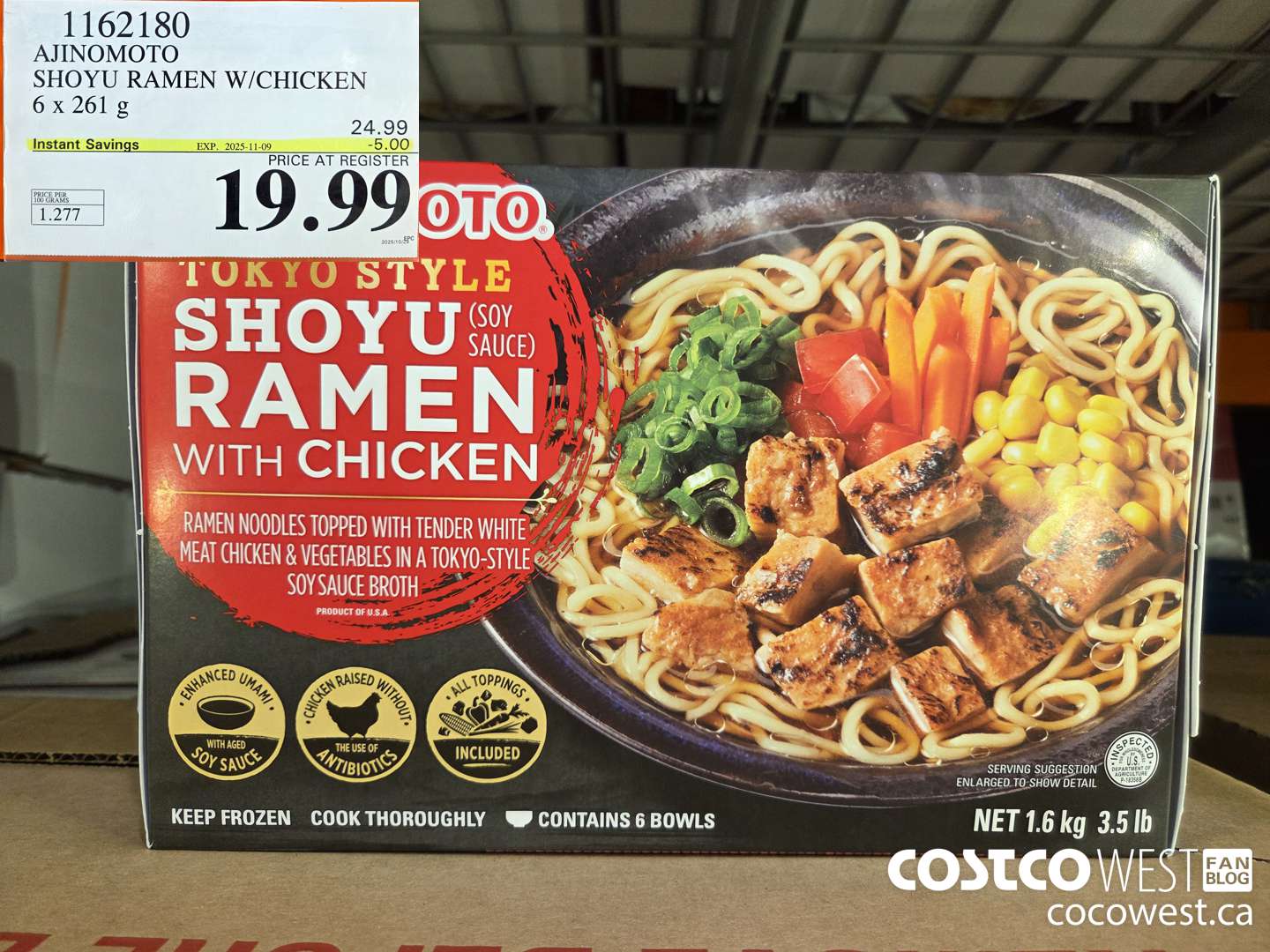 1162180 AJINOMOTO SHOYU RAMEN W/CHICKEN 6 x 261 g ($5.00 INSTANT SAVINGS EXPIRES ON 2025-11-09) $19.99