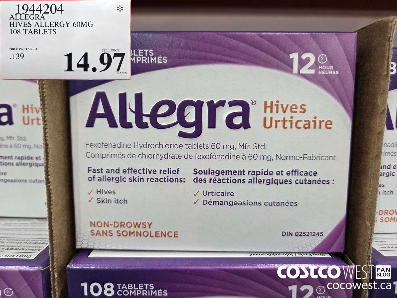 1944204 ALLEGRA HIVES ALLERGY 60MG 108 TABLETS $14.97
