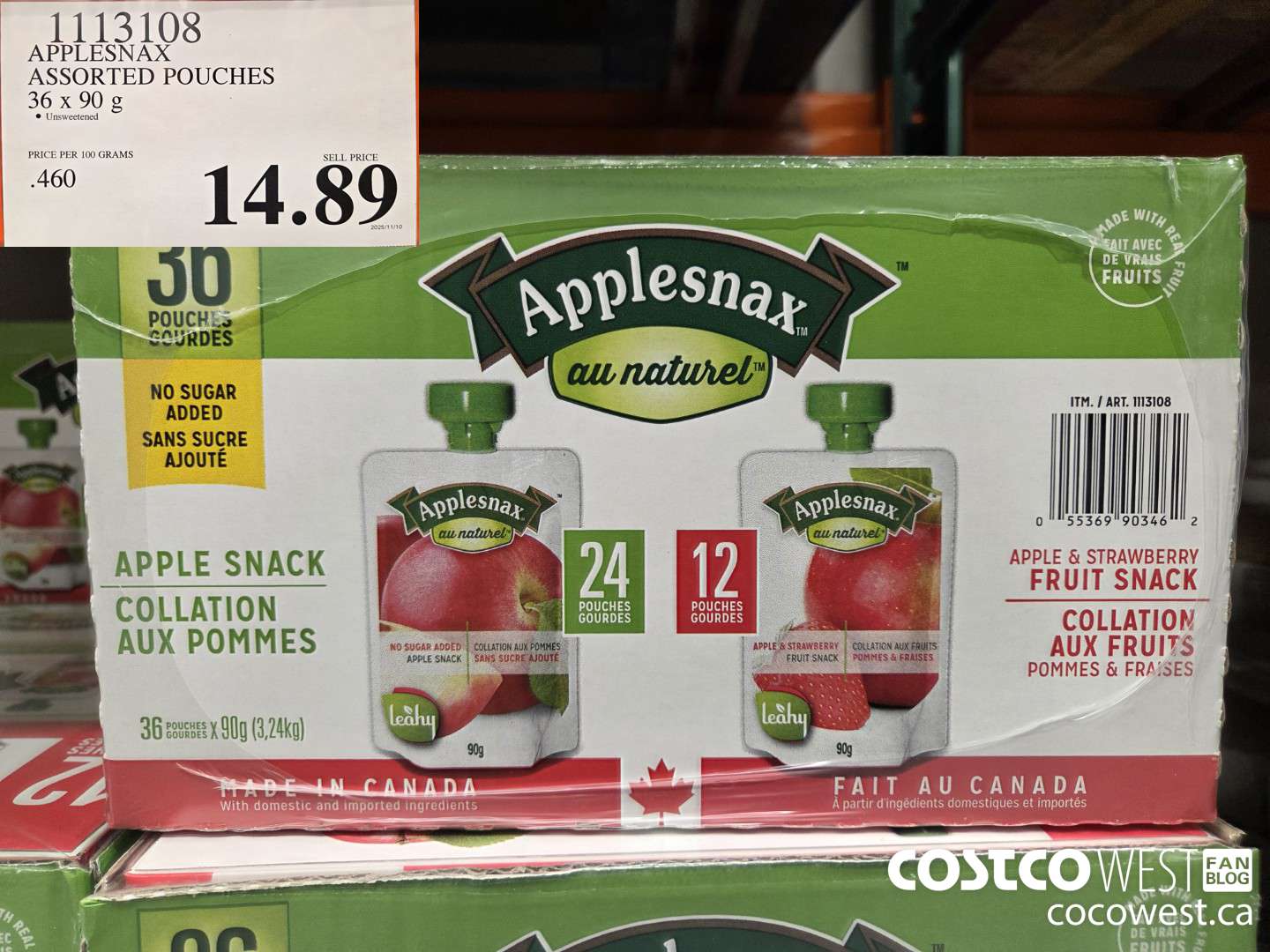 1113108 APPLESNAX ASSORTED POUCHES 36 x 90 g $14.89