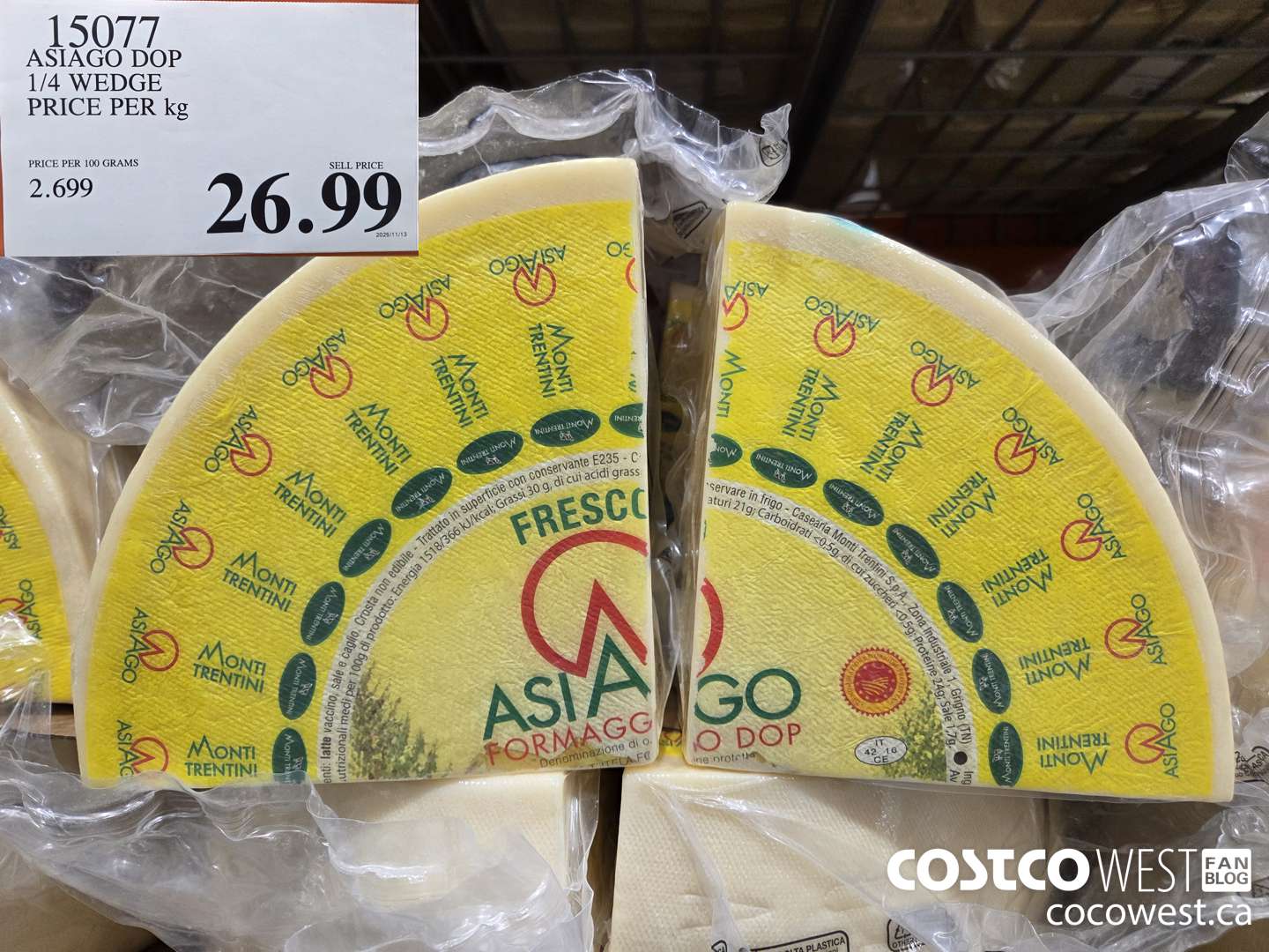 15077 ASIAGO DOP 1/4 WEDGE PRICE PER kg  $26.99