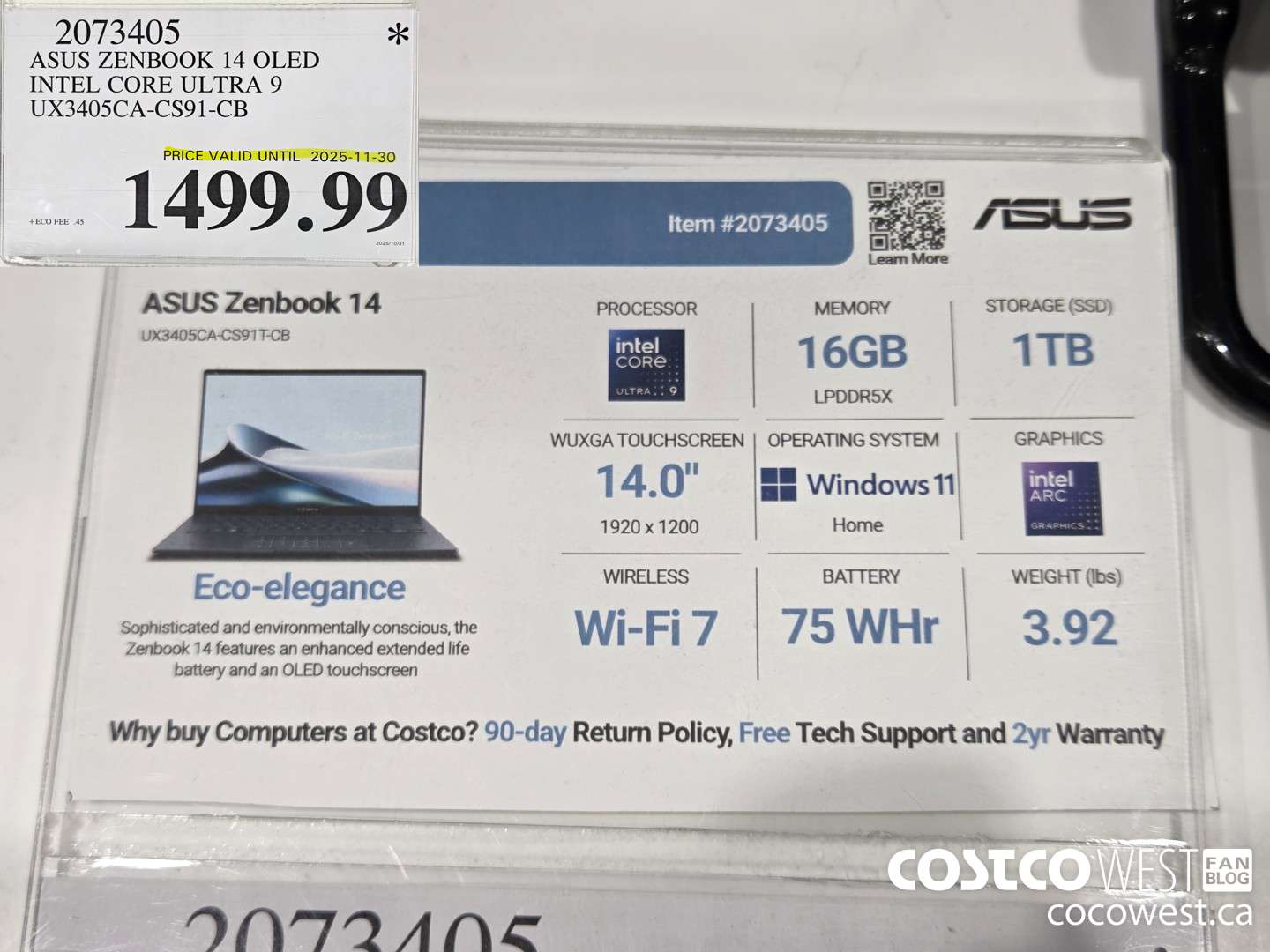 2073405 ASUS ZENBOOK 14 OLED INTEL CORE ULTRA 9 UX3405CA-CS91-CB (EXPIRES ON 2025-11-30) $1499.99