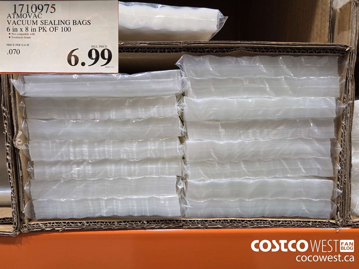 1710975 ATMOVAC VACUUM SEALING BAGS 6 in x 8 in PK OF 100 $6.99