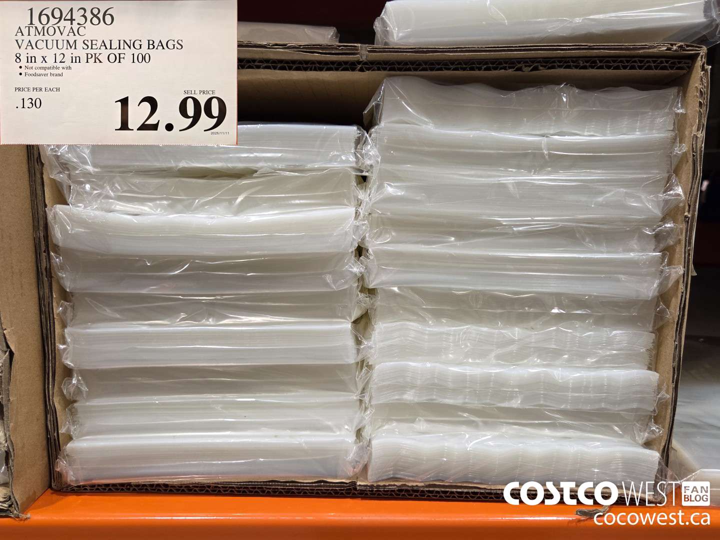 1694386 ATMOVAC VACUUM SEALING BAGS 8 in x 12 in PK OF 100 $12.99