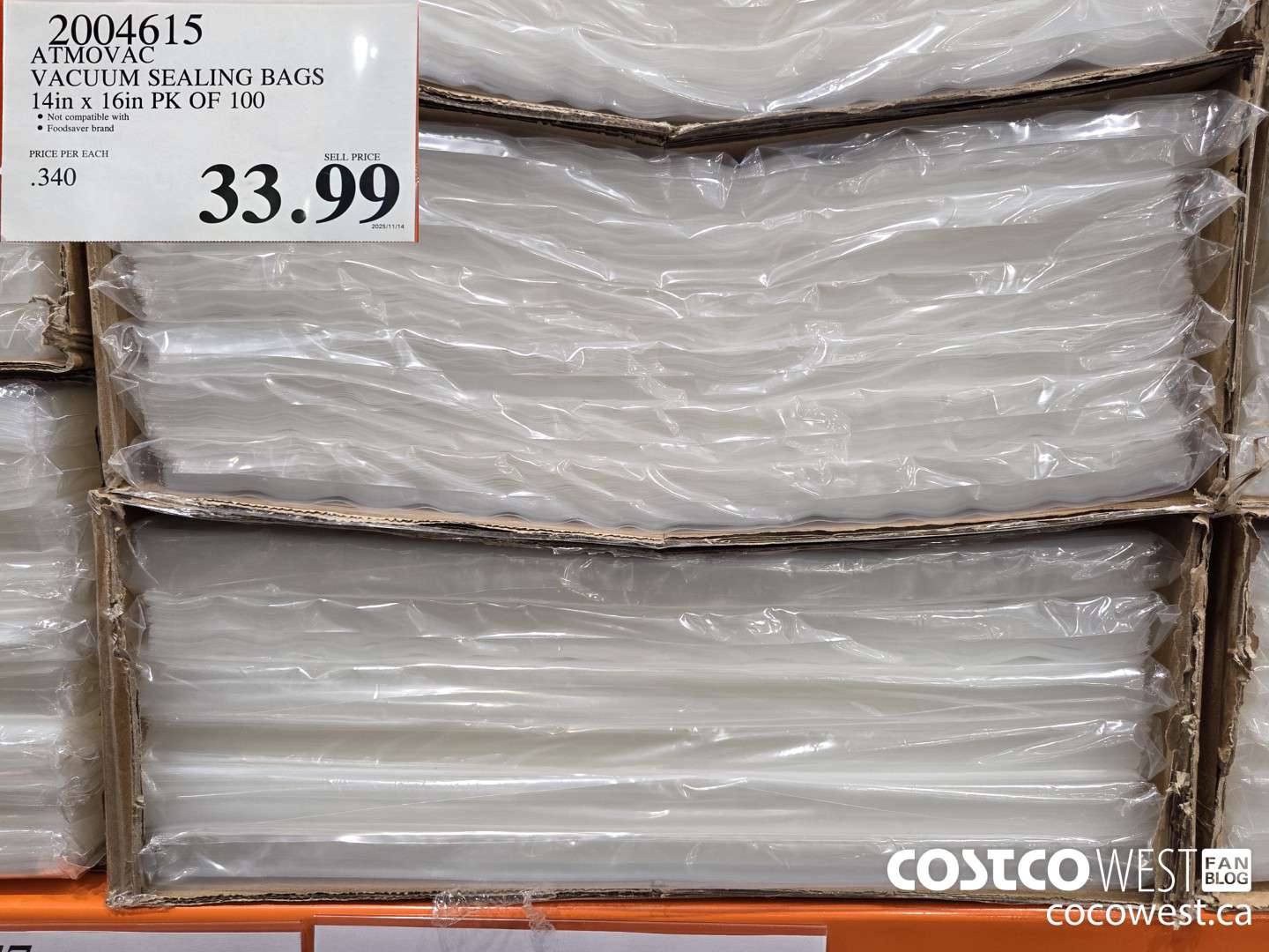 2004615 ATMOVA VACUUM SEALING BAGS 14in x 16in PK OF 100 $33.99