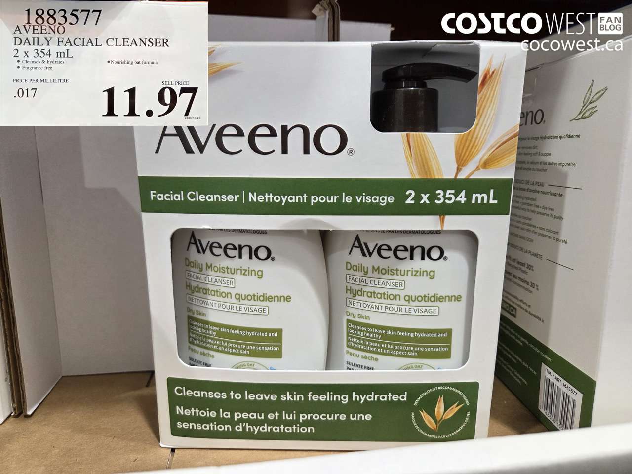 1883577 AVEENO DAILY FACIAL CLEANSER 2 x 354 mL $11.97