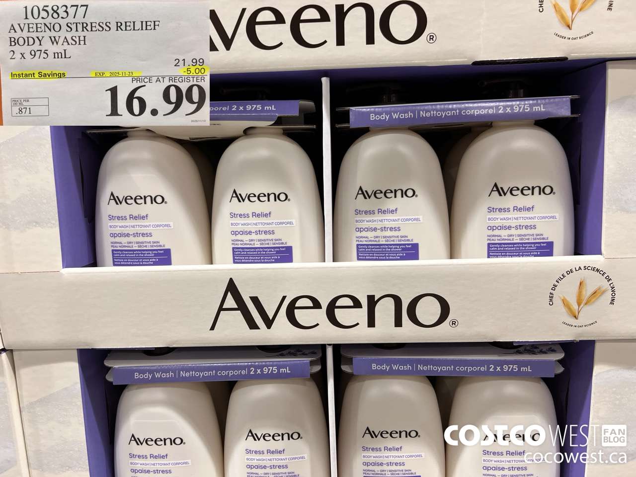 1058377 AVEENO STRESS RELIEF BODY WASH 2 X 975 ML ($5.00 INSTANT SAVINGS EXPIRES ON 2025-11-23) $16.99